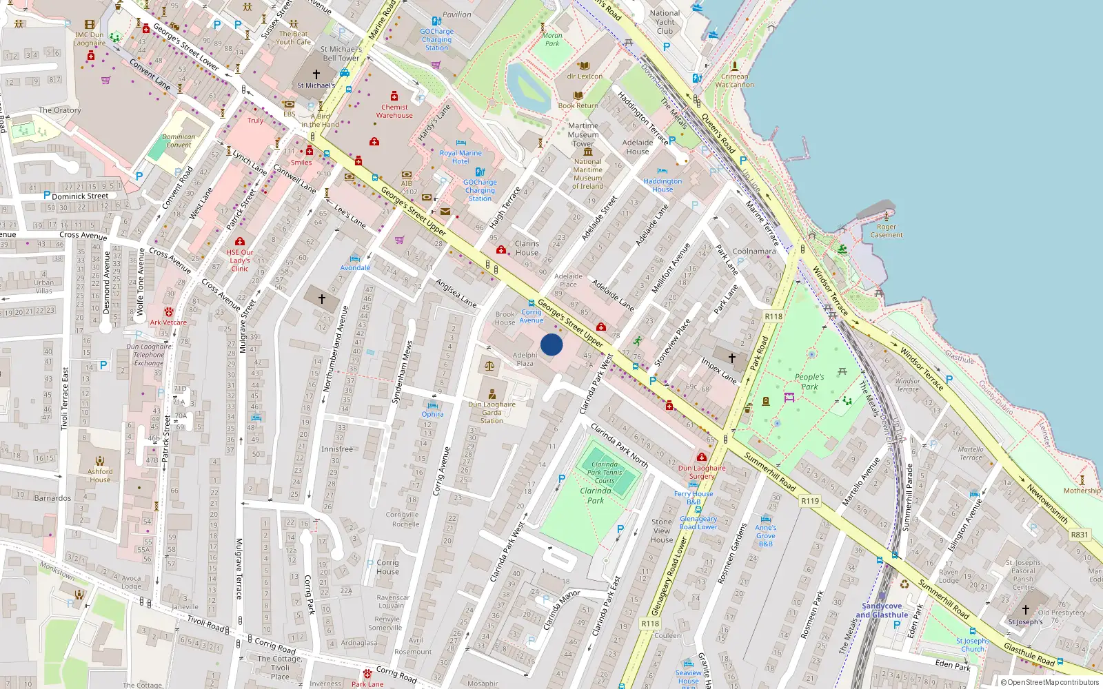 Overhead map showing the location of Apt 1, 5 George's Street Upper, Dún Laoghaire