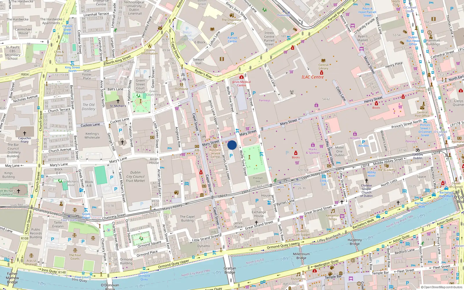 Overhead map showing the location of Apt 1 Bradogue House, 1 Mary Street, Dublin 1