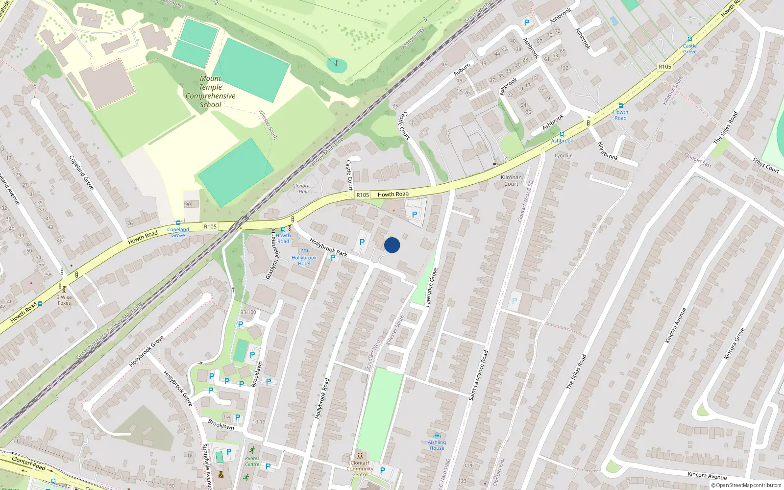 Overhead map showing the location of Apt 1 Copper Beach, 16 Hollybrook Park, Clontarf