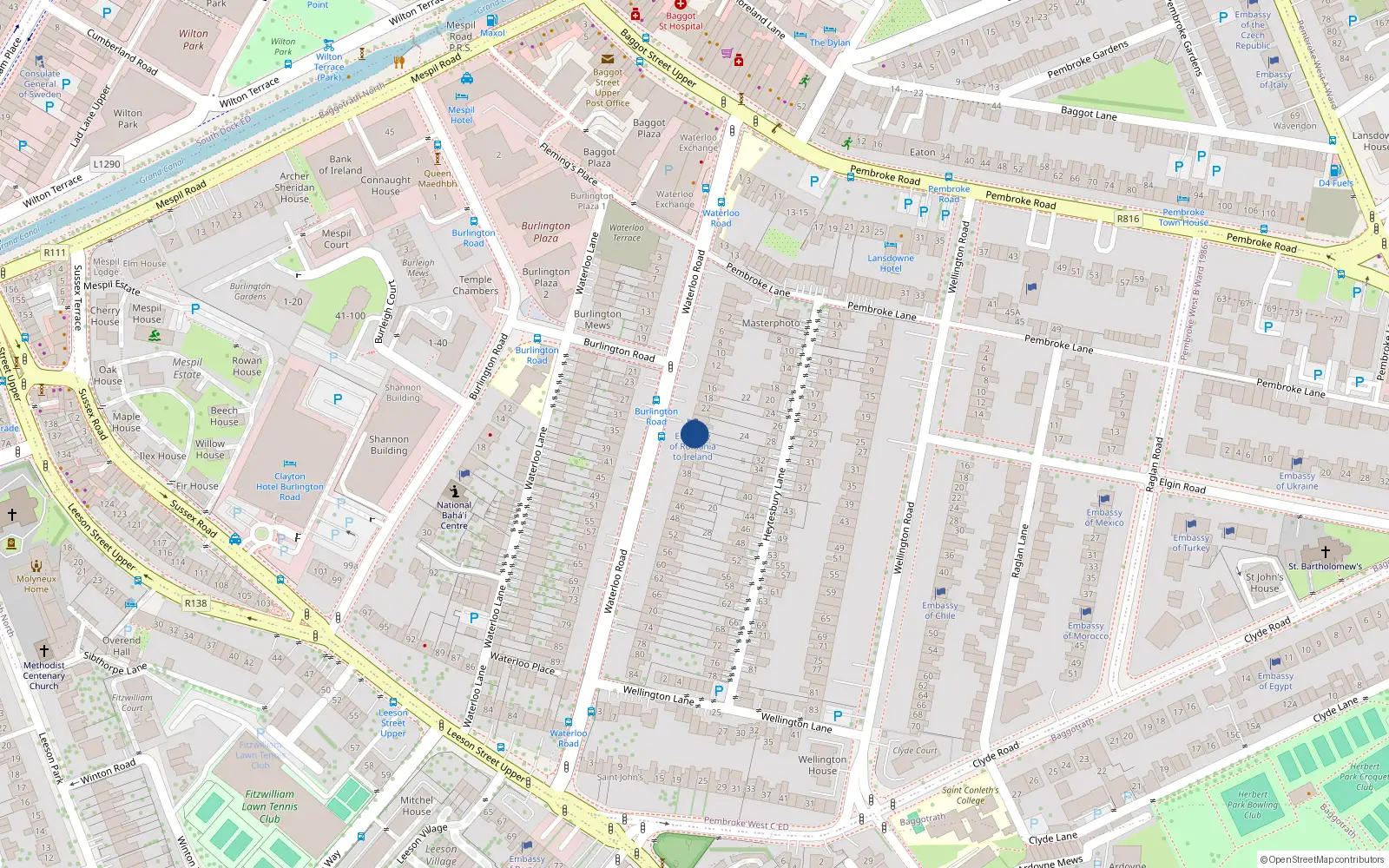 Overhead map showing the location of Apt 1 Hall Flat, 30 Waterloo Road, Ballsbridge