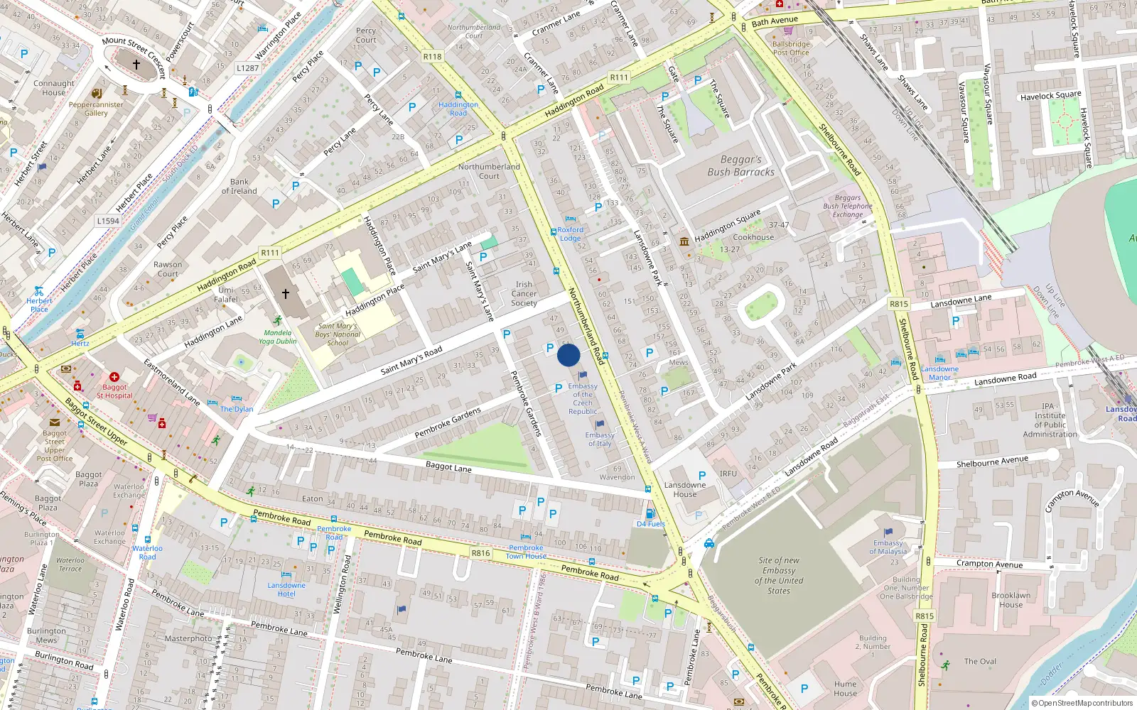 Overhead map showing the location of Apt 1 & Others, 53 Northumberland Road, Ballsbridge