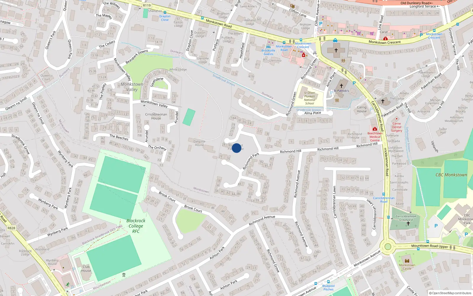 Overhead map showing the location of Apt 1 Richmond Cheshire House, 1 Richmond Park, Monkstown