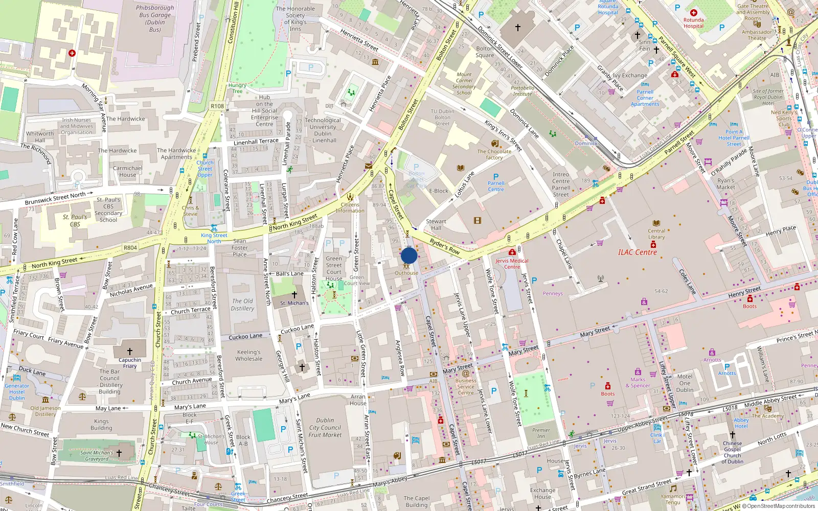 Overhead map showing the location of Apt 10, 102 Capel Street, Dublin 1