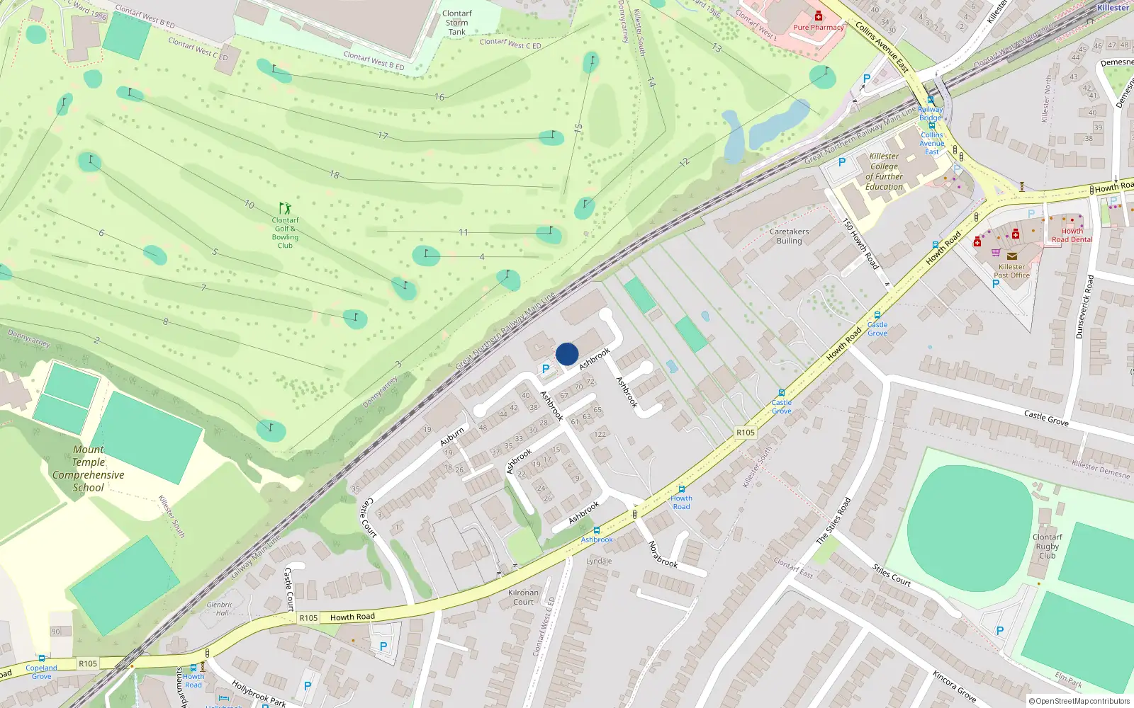Overhead map showing the location of Apt 102, 102 Ashbrook, Howth Road Dublin 3
