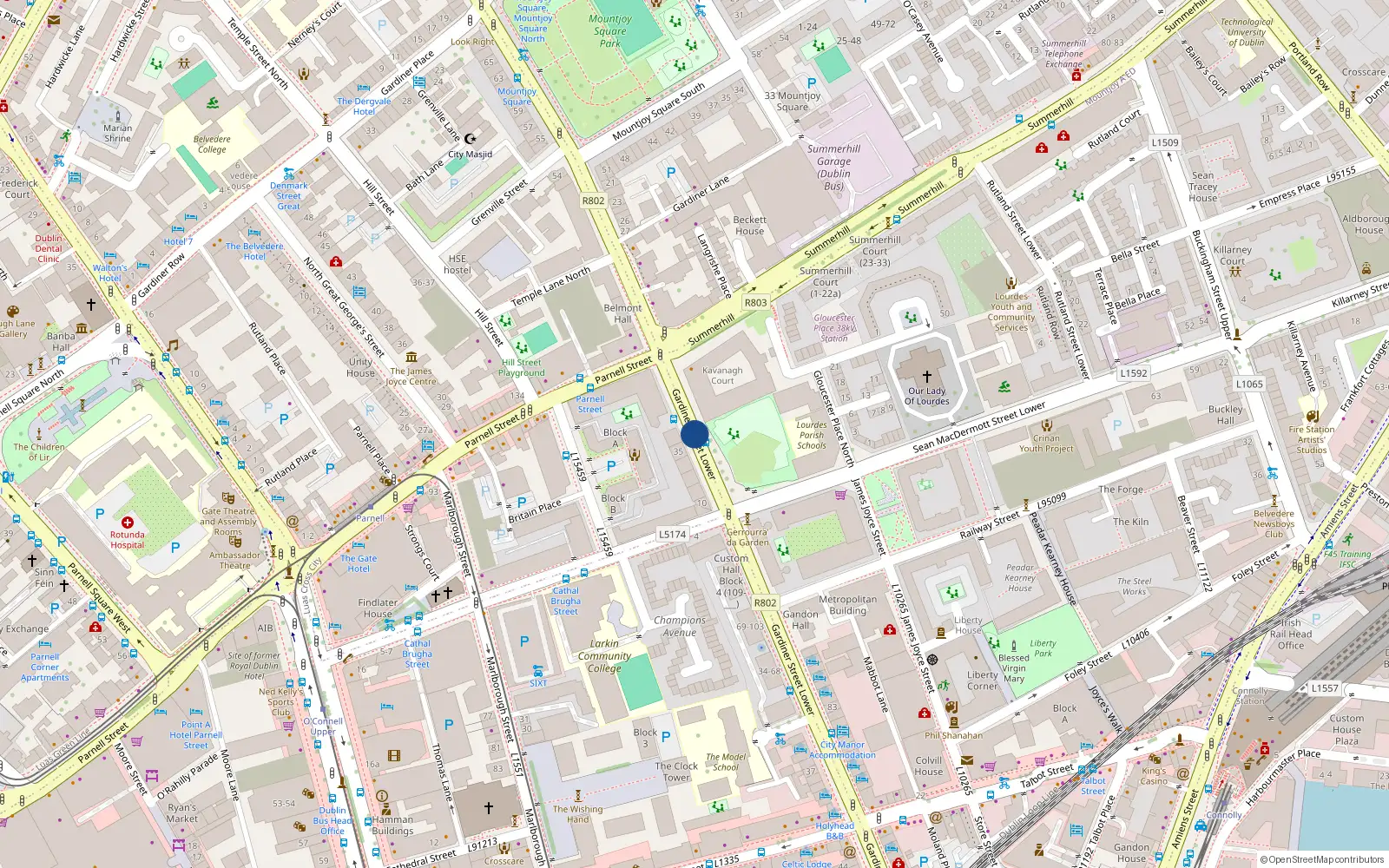 Overhead map showing the location of Apt 110, Custom Hall, Gardiner Street Lower, Lower Gardiner St Dublin 1
