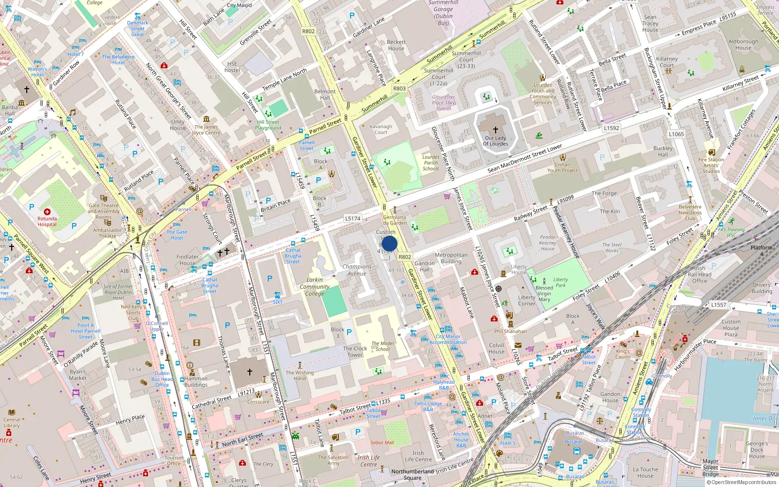 Overhead map showing the location of Apt 117, Block 4 Custom Hall, Gardiner Street Lower, Dublin 1