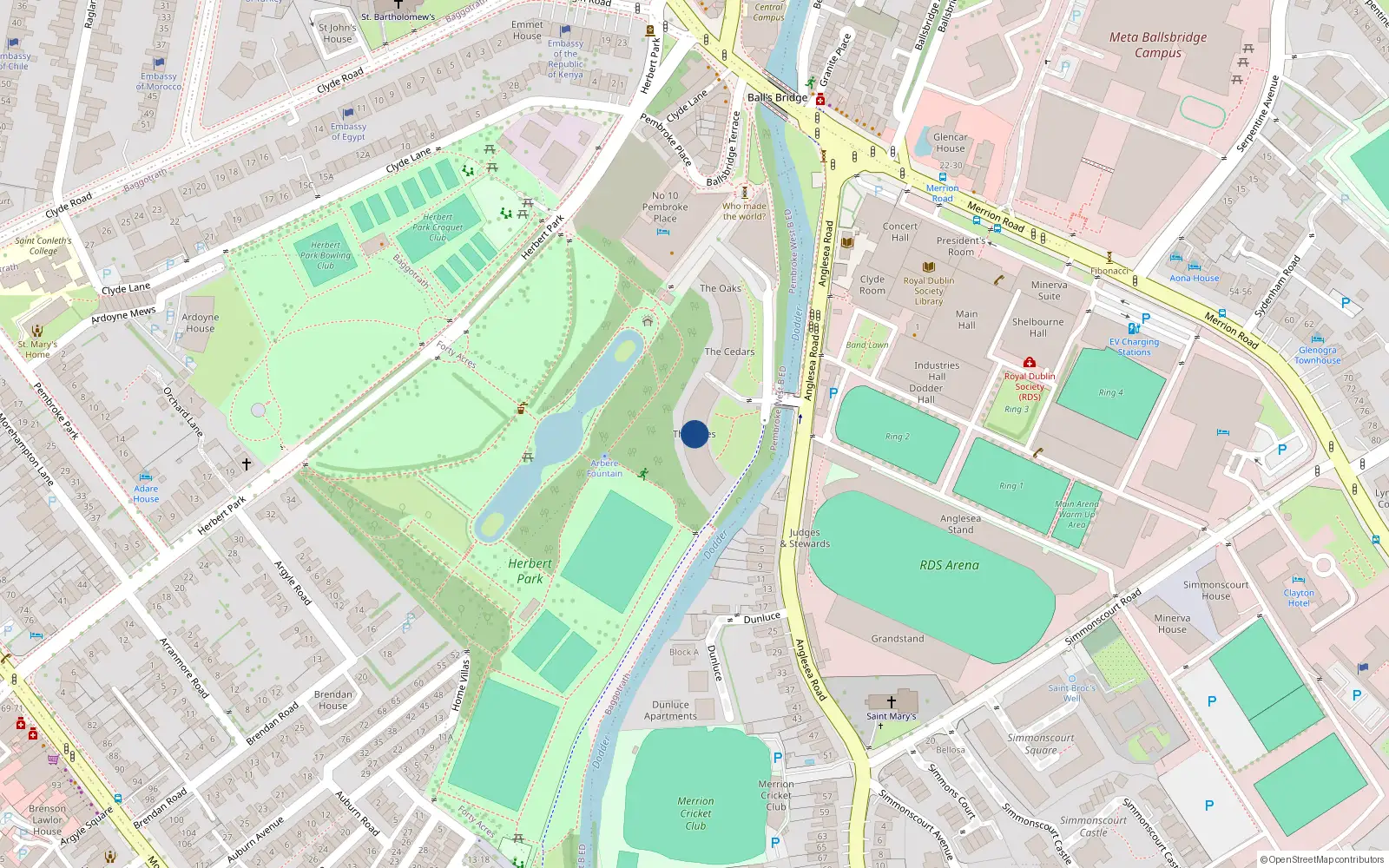 Overhead map showing the location of Apt 12, The Pines, Herbert Park Lane Dublin 4