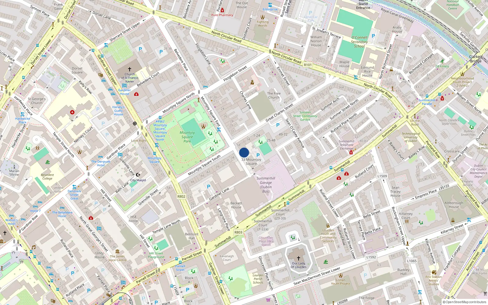 Overhead map showing the location of Apt 13, 33 Mountjoy Square, Dublin 1