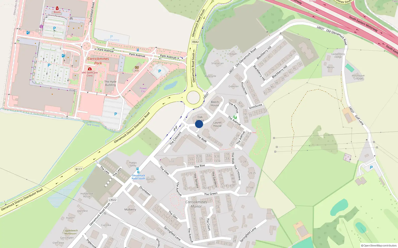 Overhead map showing the location of Apt 13 Hawthorn House, Carrickmines Green, Carrickmines