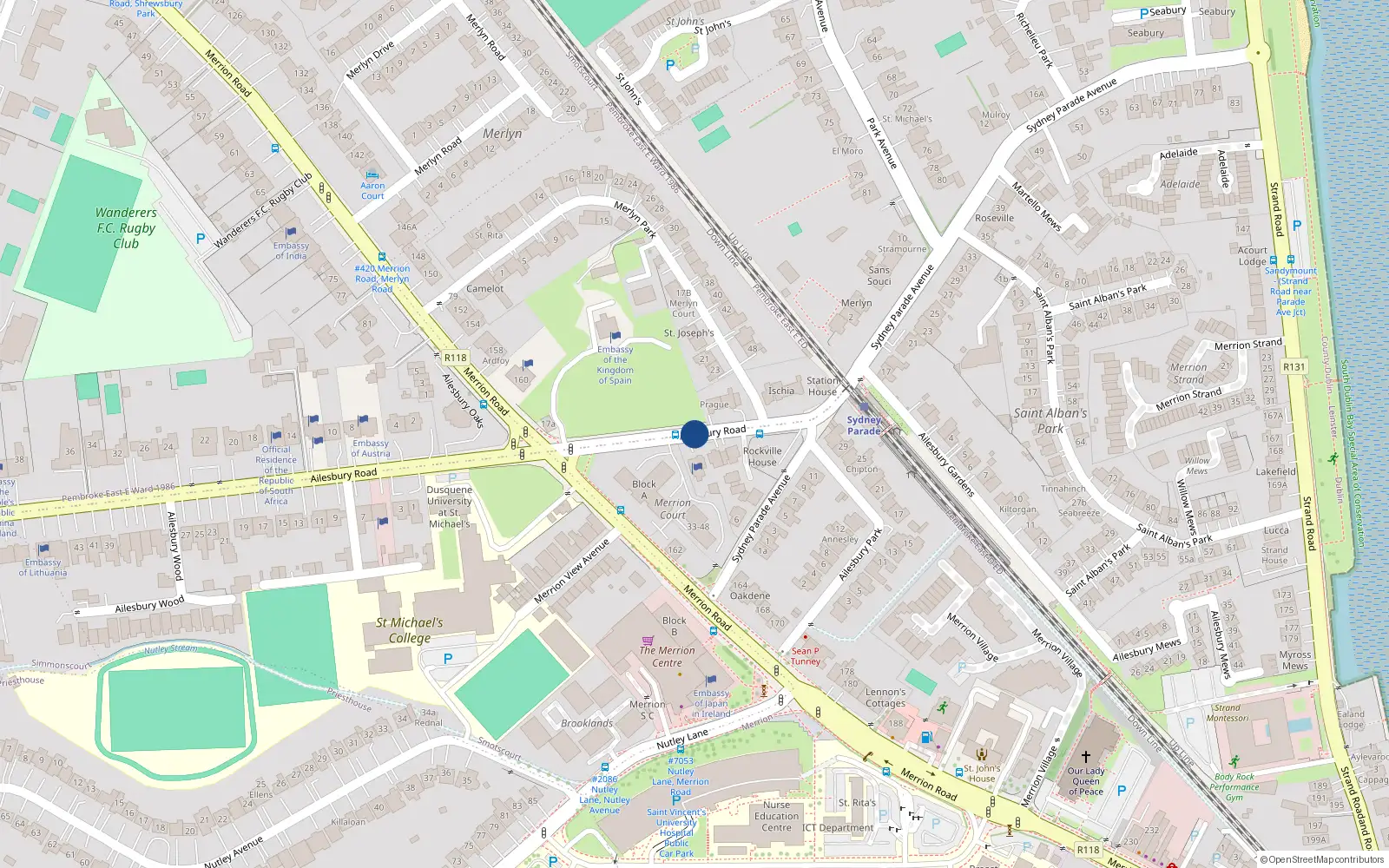 Overhead map showing the location of Apt 13 Merrion Court, Ailesbury Road, Merrion