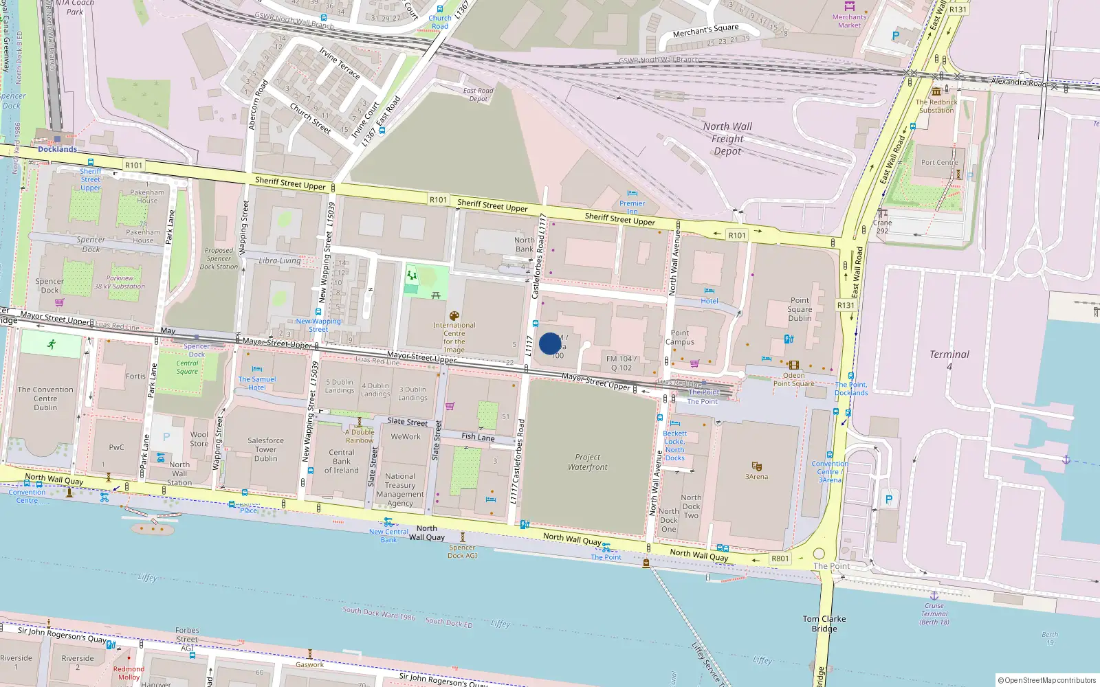 Overhead map showing the location of Apt 159 Blk D Castleforbes Square, 1 Castleforbes Road, Dublin 1