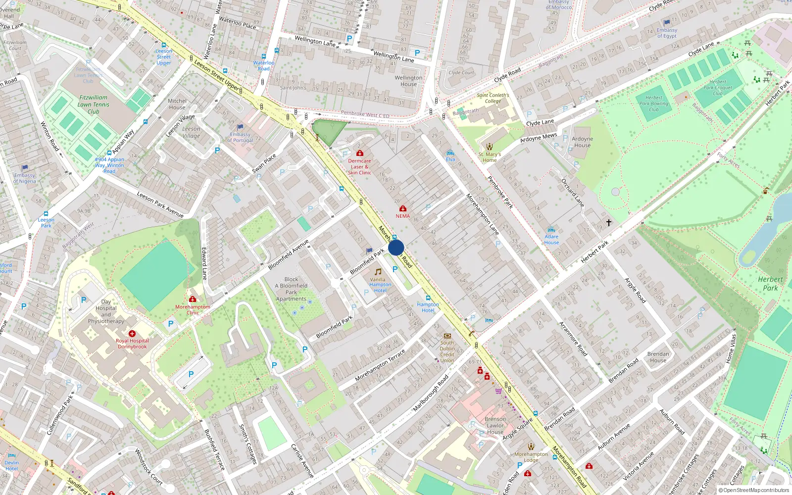 Overhead map showing the location of Apt 16 Morehampton Mews, 16 Morehampton Road, Donnybrook