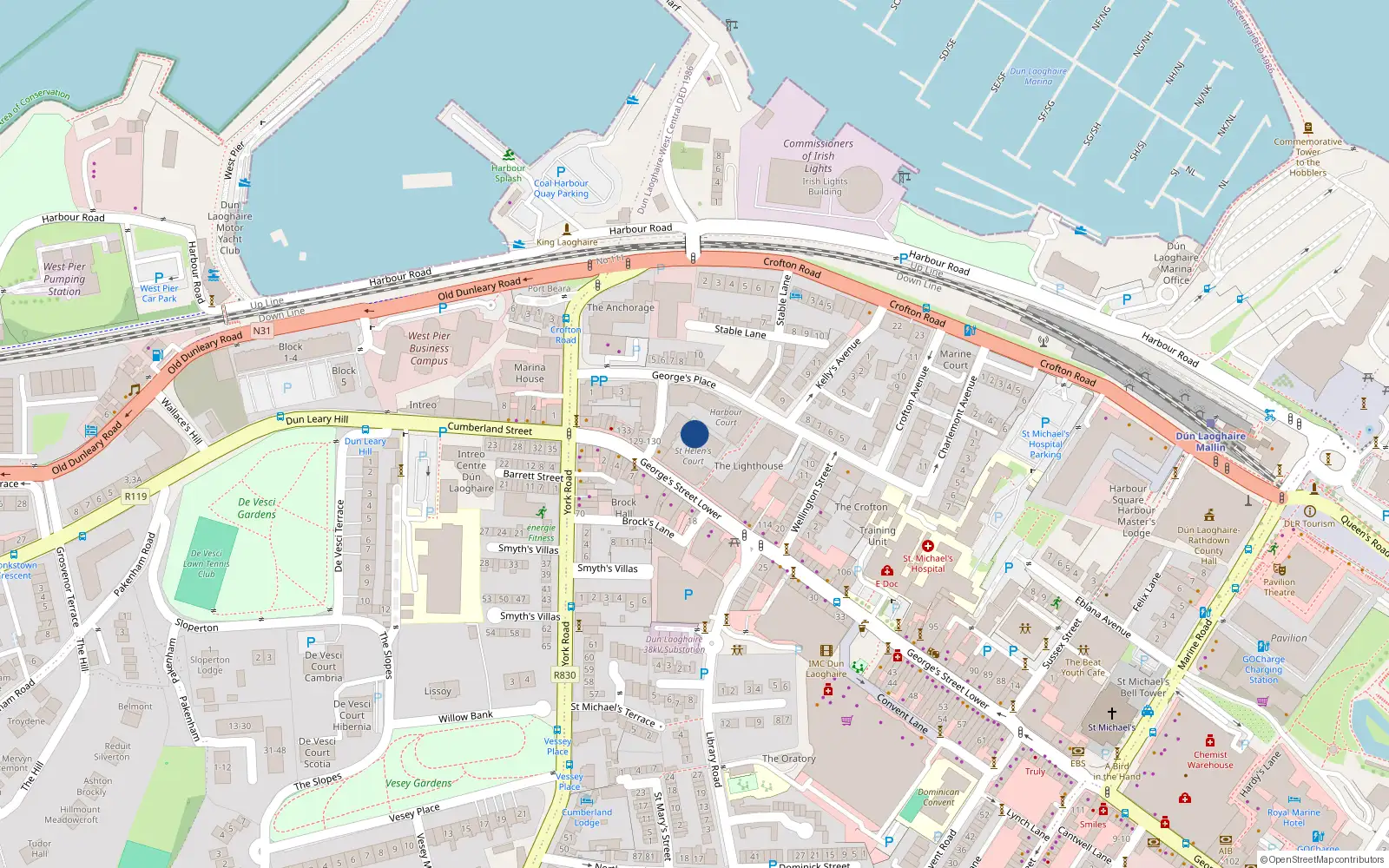 Overhead map showing the location of Apt 16 St Helen's Court, 127 Lower Georges St, Dun Laoghaire