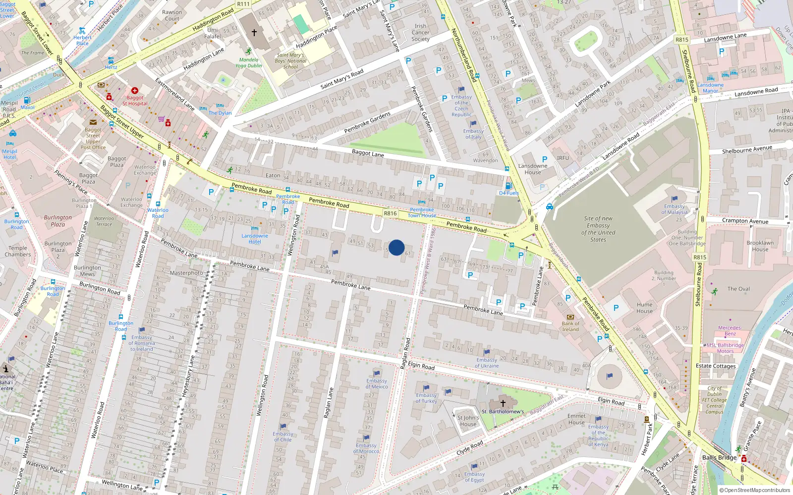 Overhead map showing the location of Apt 17 Baruva House, 59 Pembroke Road, Ballsbridge