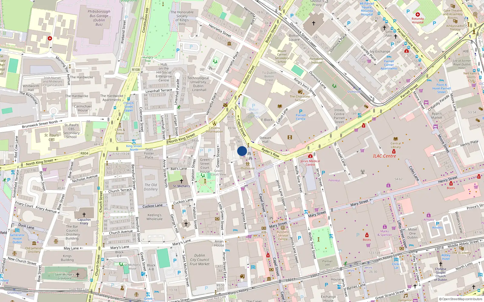 Overhead map showing the location of Apt 18, 99 Capel St, Dublin 1
