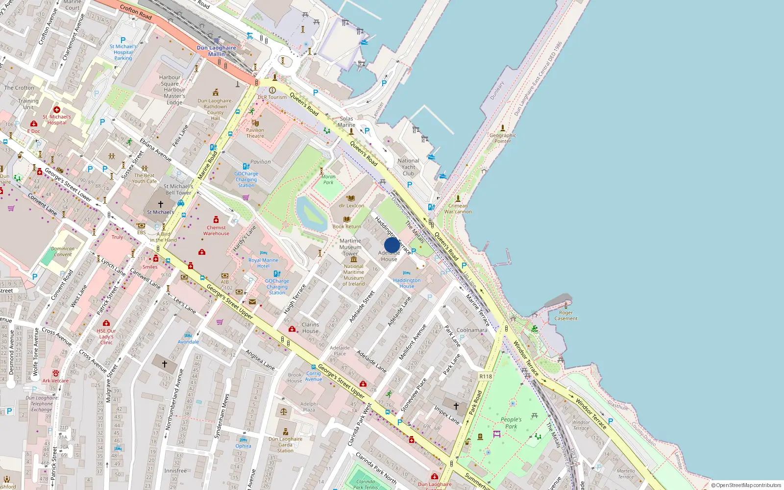 Overhead map showing the location of Apt 18 Adelaide House, 7/8 Haddington Terrace, Dun Laoghaire