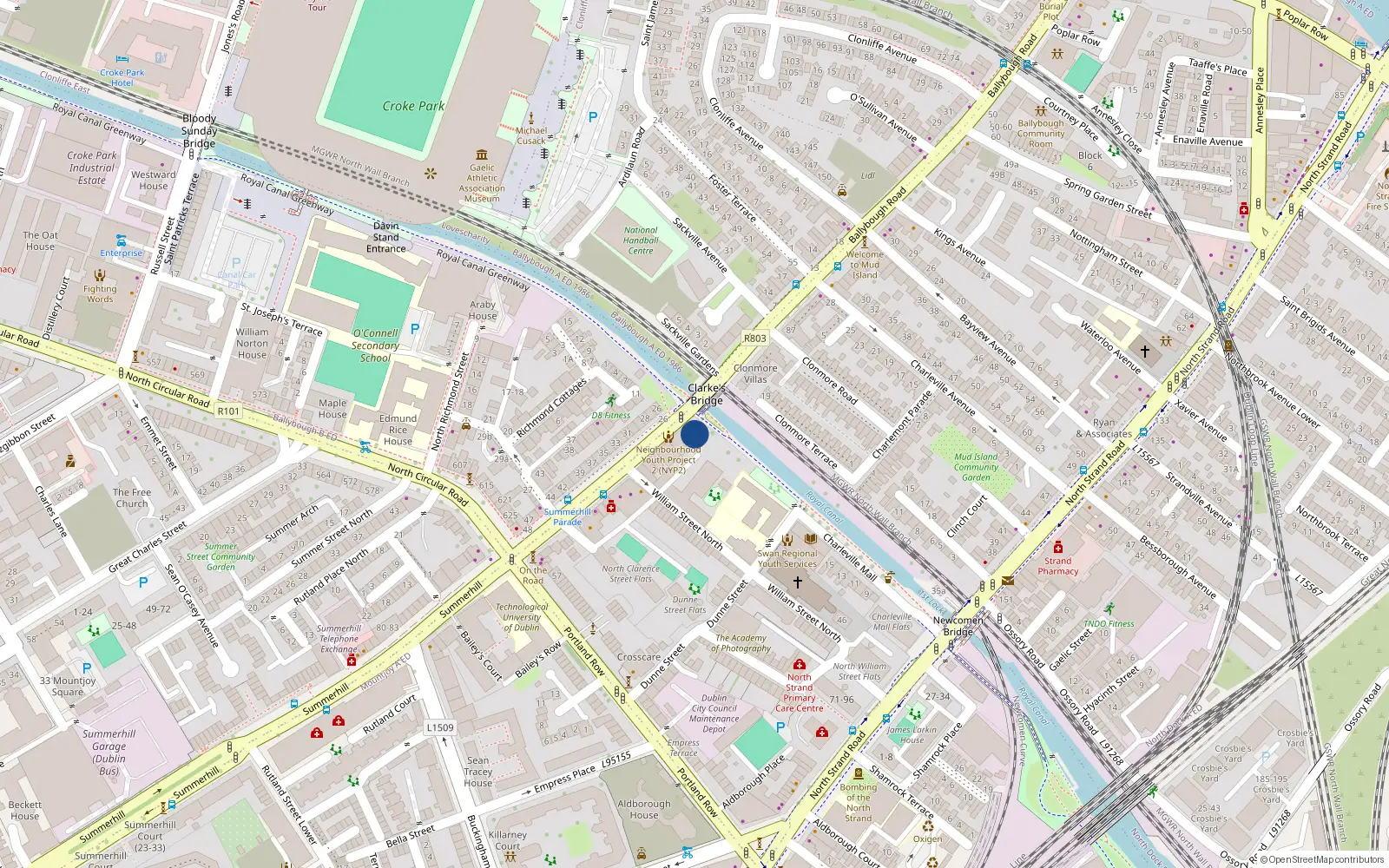 Overhead map showing the location of Apt 18 Bridgewater Hall, Summerhill Parade, Ballybough