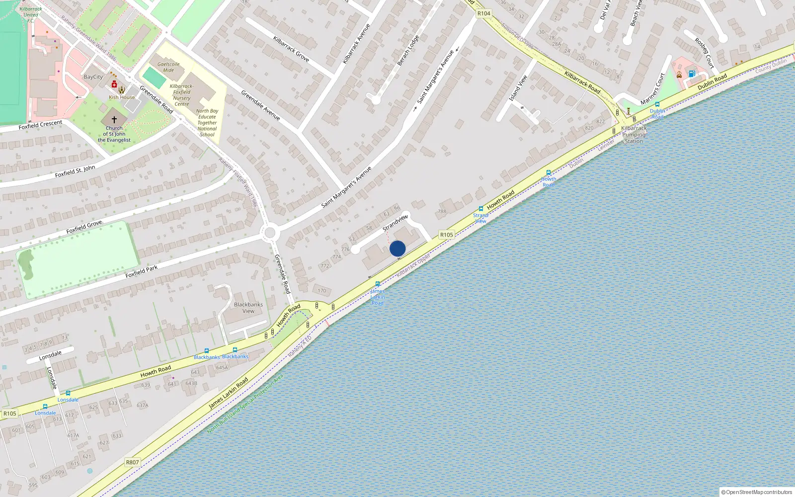 Overhead map showing the location of Apt 18 Strand View, Howth Road, Dublin 5