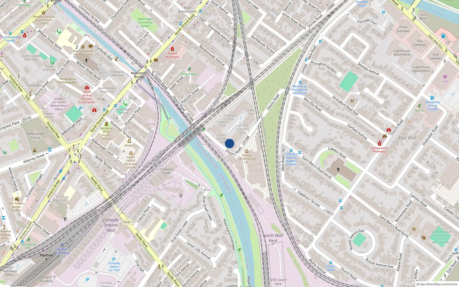 Overhead map showing the location of Apt 19, Crosbies Yard, Ossory Road