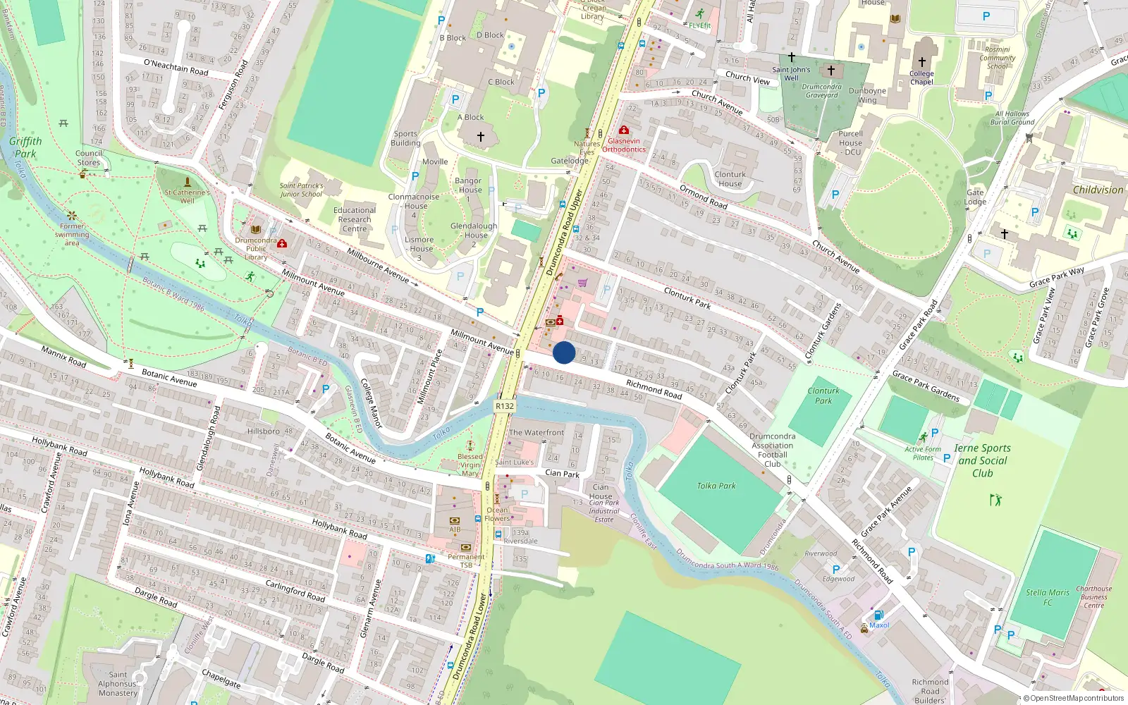 Overhead map showing the location of Apt 2, 1 Richmond Road, Ballybough