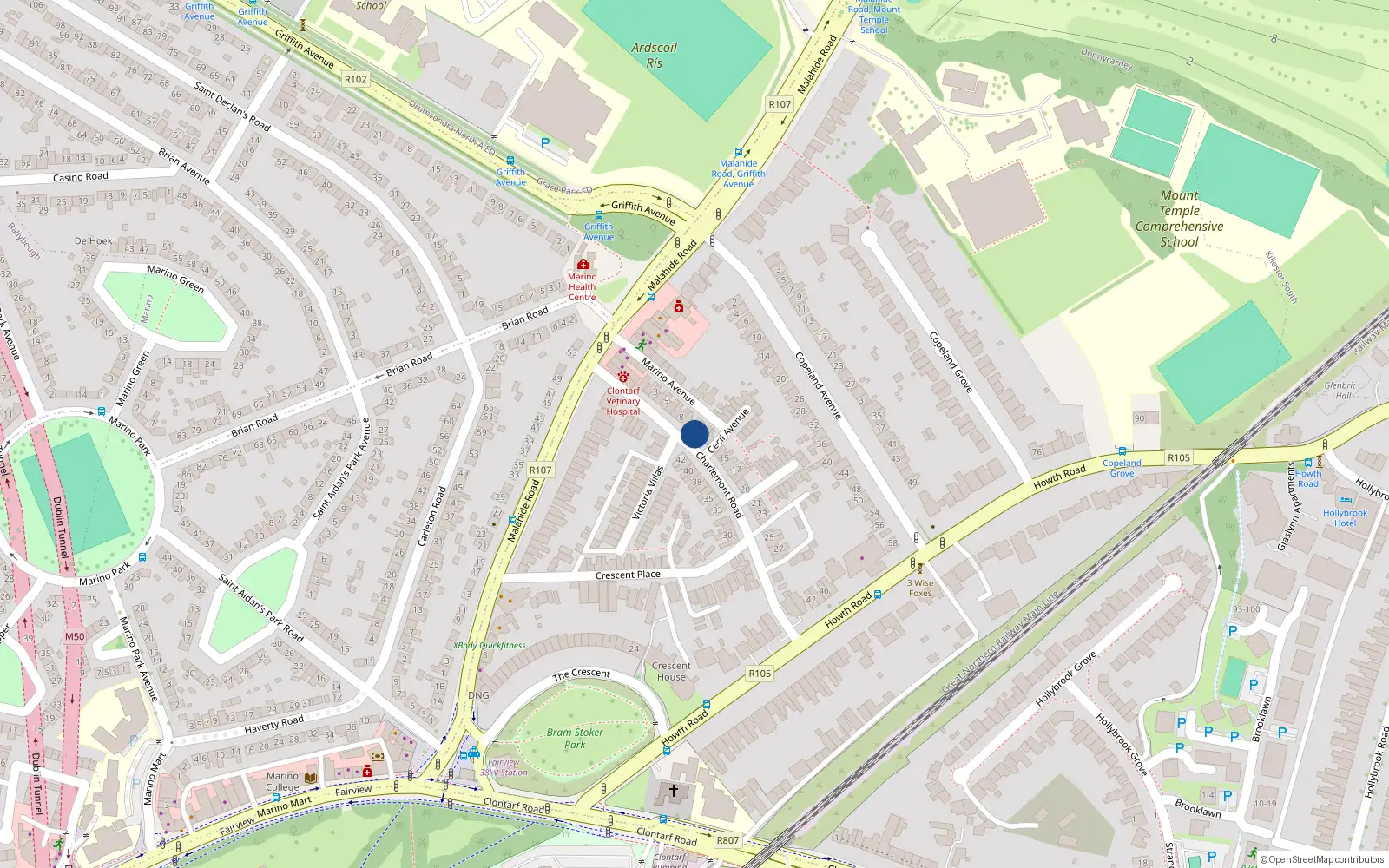 Overhead map showing the location of Apt 2, 11 Charlemont Road, Clontarf