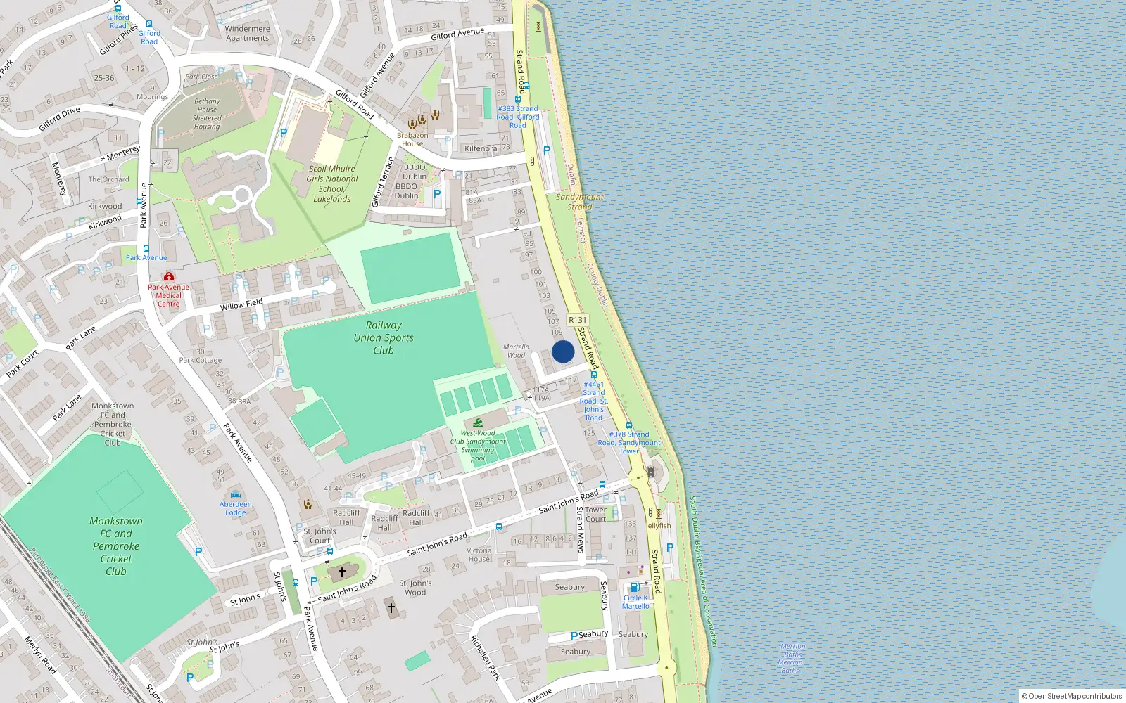 Overhead map showing the location of Apt 2, 113 Strand Road, Sandymount