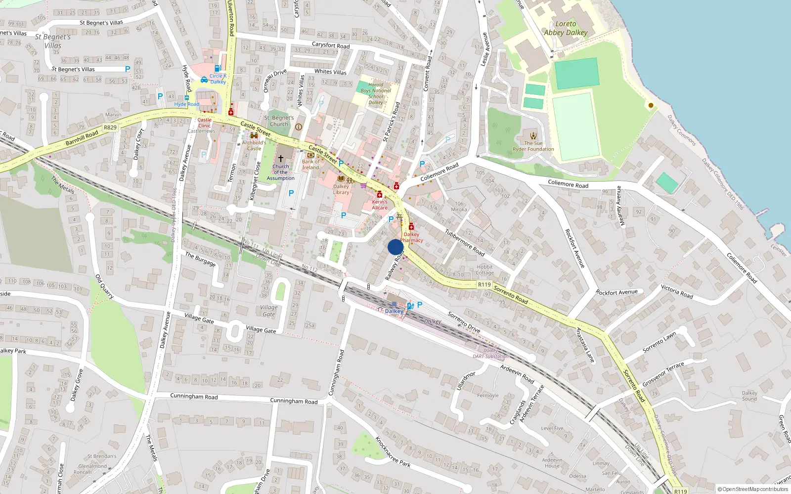 Overhead map showing the location of Apt 2, 17 Railway Road, Dalkey
