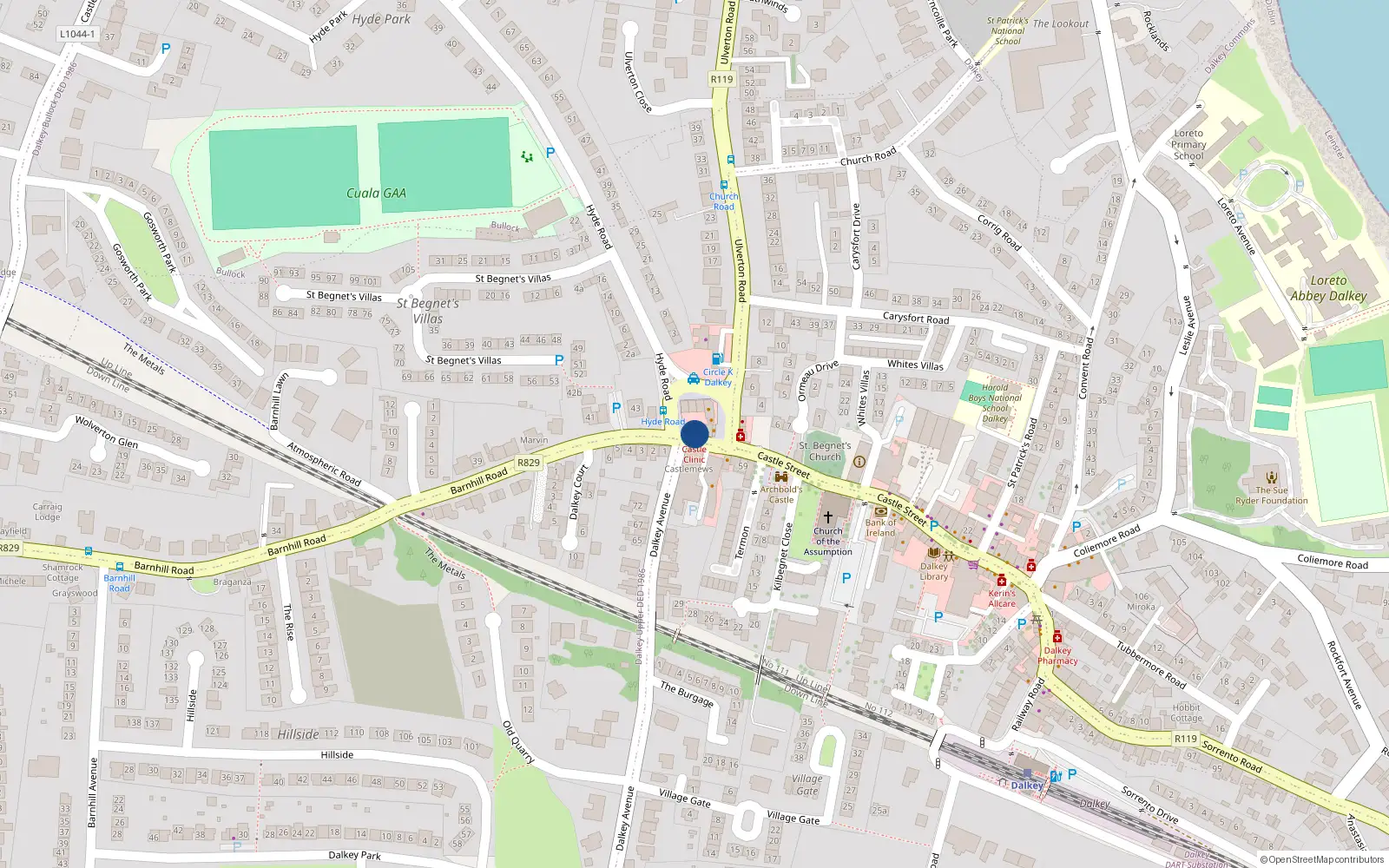 Overhead map showing the location of Apt 2, 2 Castle Street, Dalkey