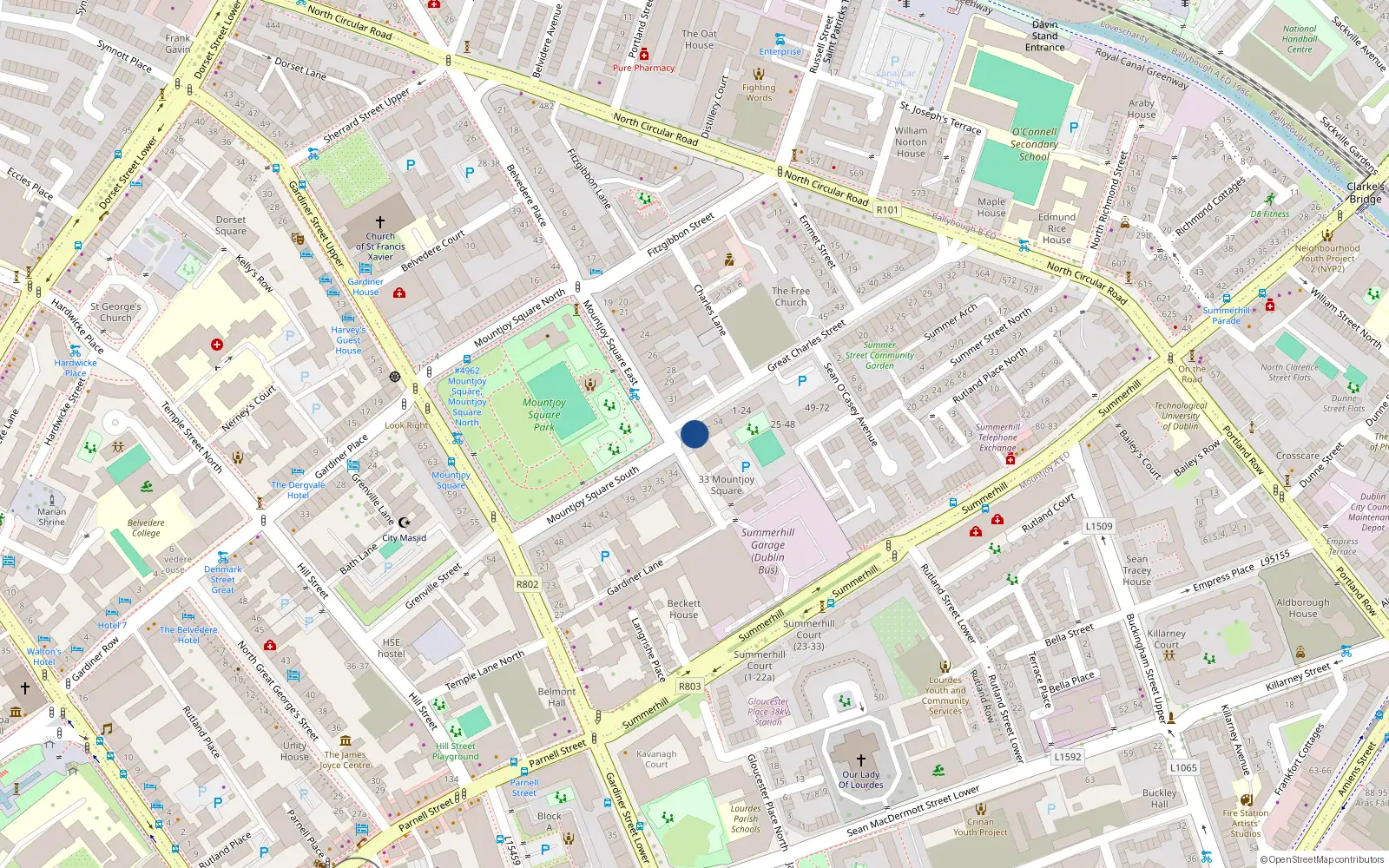 Overhead map showing the location of Apt 2, 33 Mountjoy Square, Dublin 1