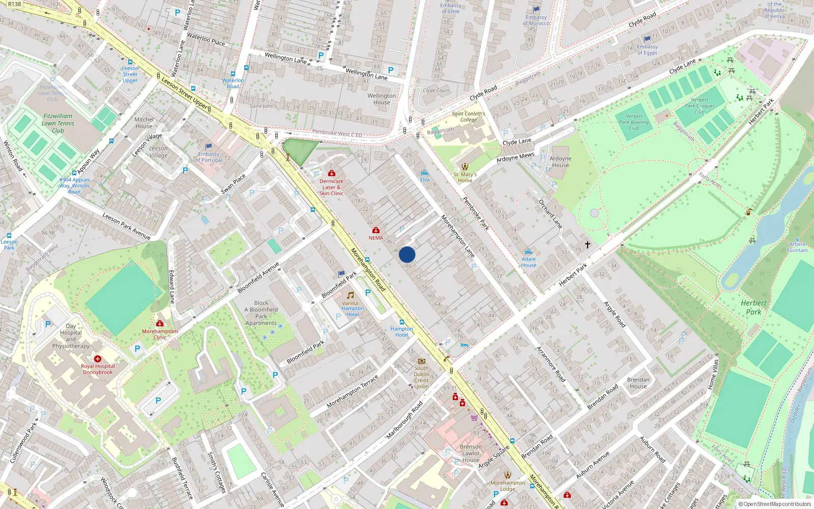 Overhead map showing the location of Apt 2 42 Morehampton Road, Donnybrook, 42 Morehampton Road, Dublin 4