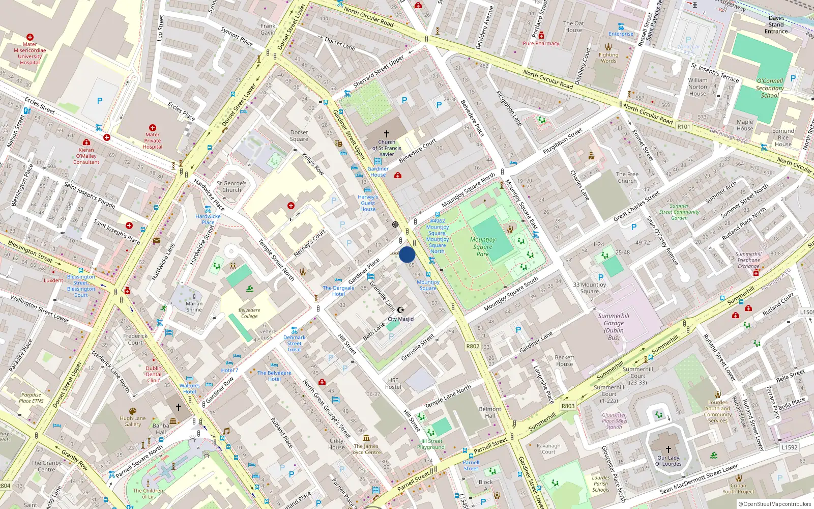 Overhead map showing the location of Apt 2, 67 Mountjoy Square West, Dublin 1