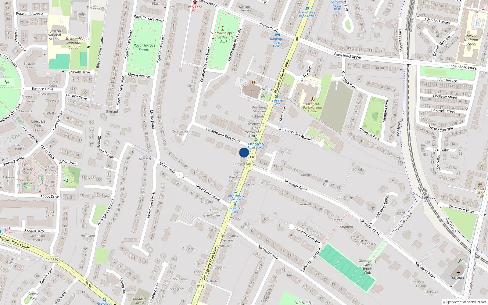 Overhead map showing the location of Apt 2 Meryvn Court, Crostwaite Park South, Dun Laoghaire
