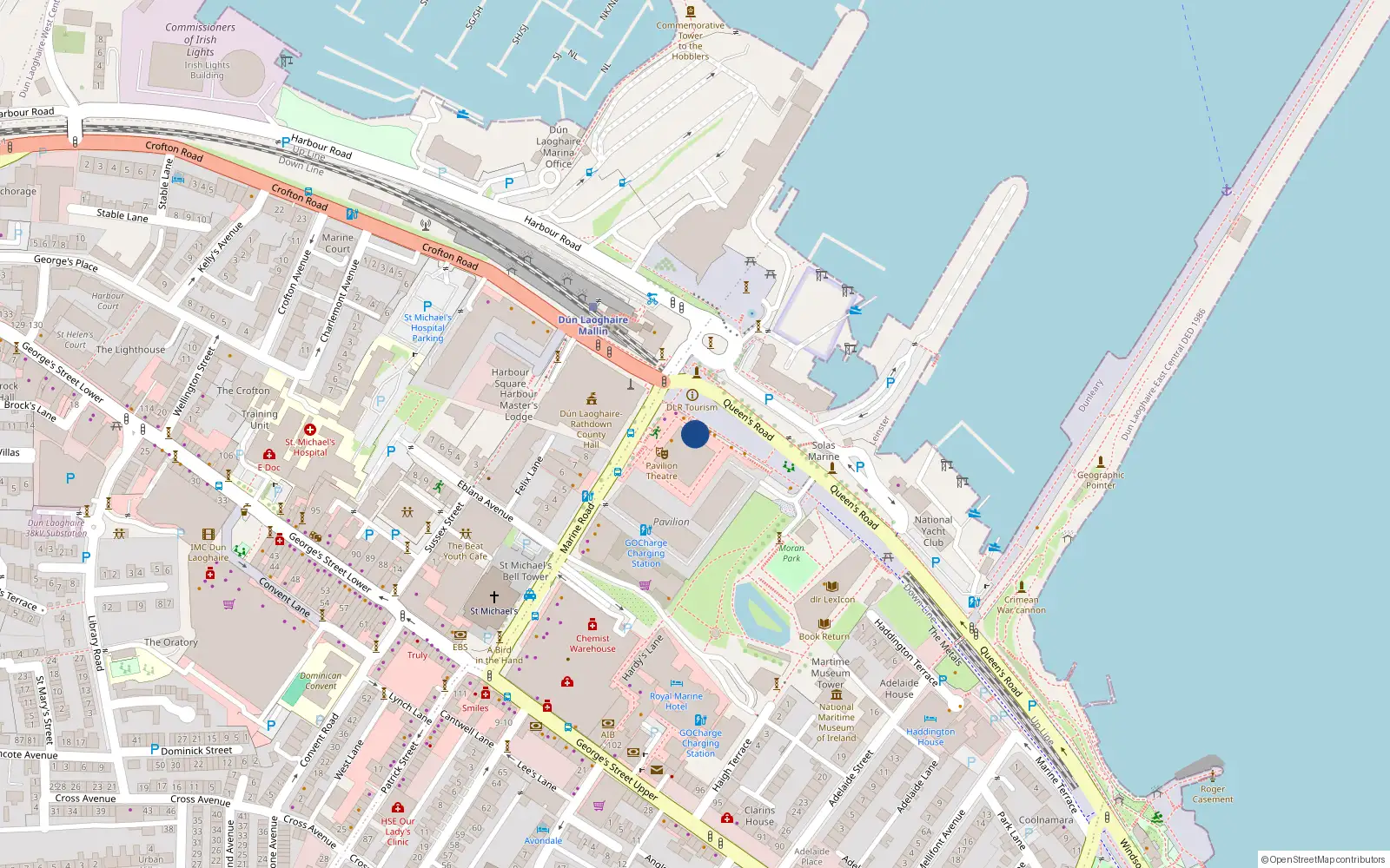 Overhead map showing the location of Apt 2 Pavilion, 2 Marine Road, Dun Laoghaire