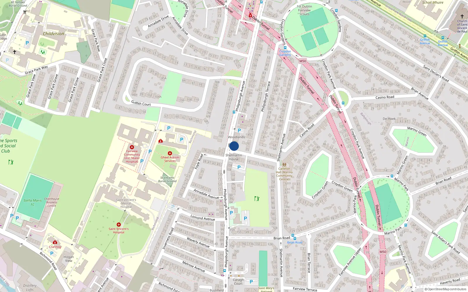 Overhead map showing the location of Apt 2 Woodlands, Phillipsburg Avenue, Fairview Dublin 3