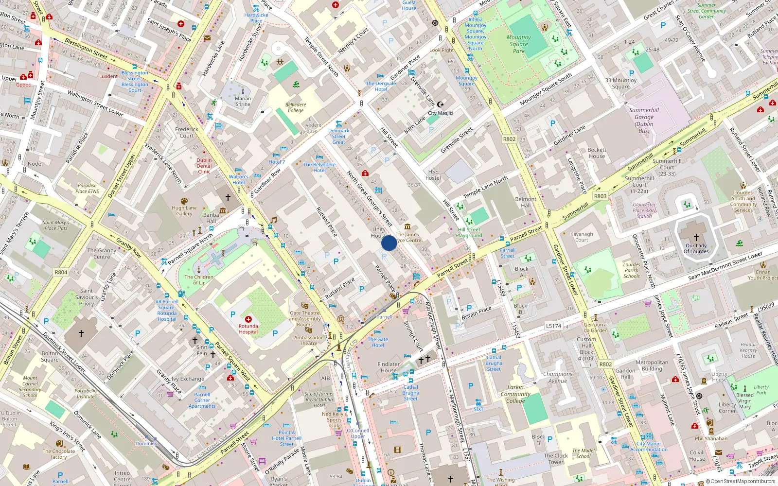 Overhead map showing the location of Apt 22 Kenmare House, 23 North Great George's Street, Dublin 1
