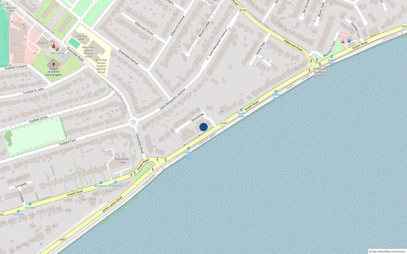 Overhead map showing the location of Apt 25 Strand View, Howth Road, Dublin 5