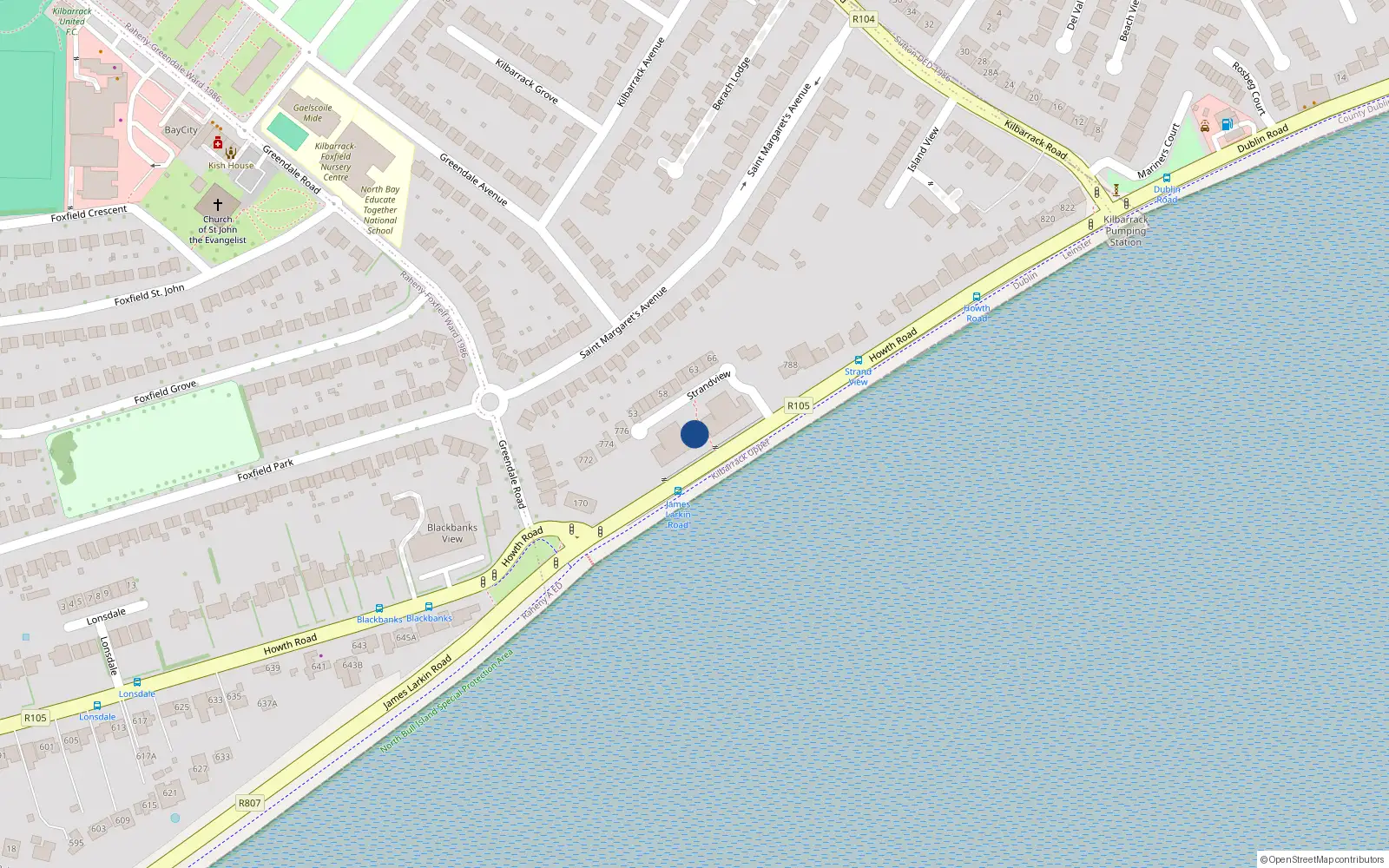 Overhead map showing the location of Apt 27 Strand View, Howth Road, Dublin 5