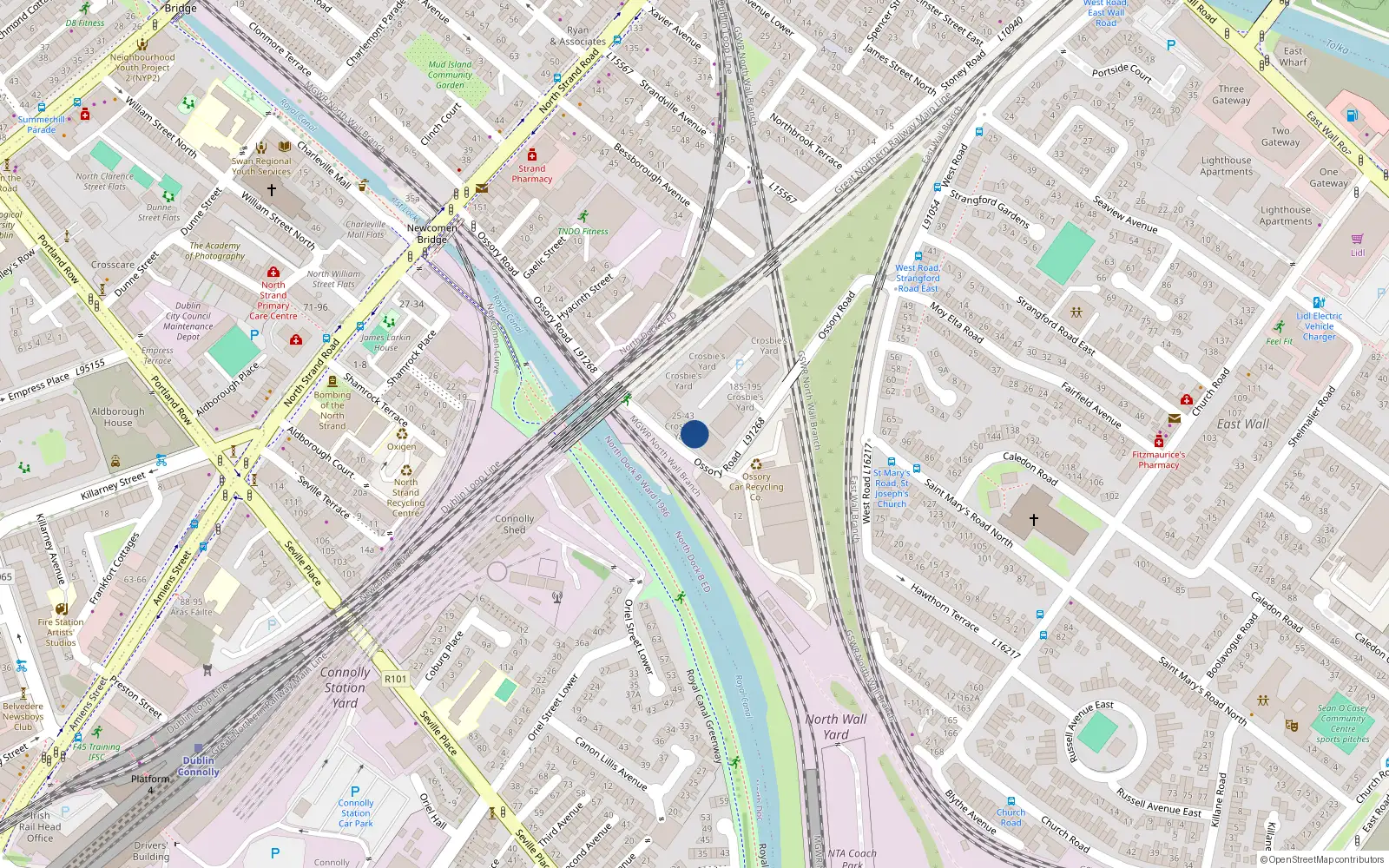 Overhead map showing the location of Apt 29, Crosbies Yard, Ossory Road
