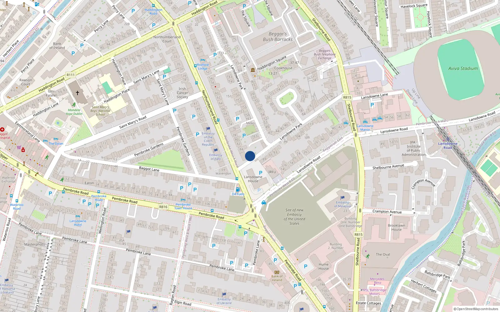 Overhead map showing the location of Apt 2B, 86 Northumberland Road, Ballsbridge Dublin 4