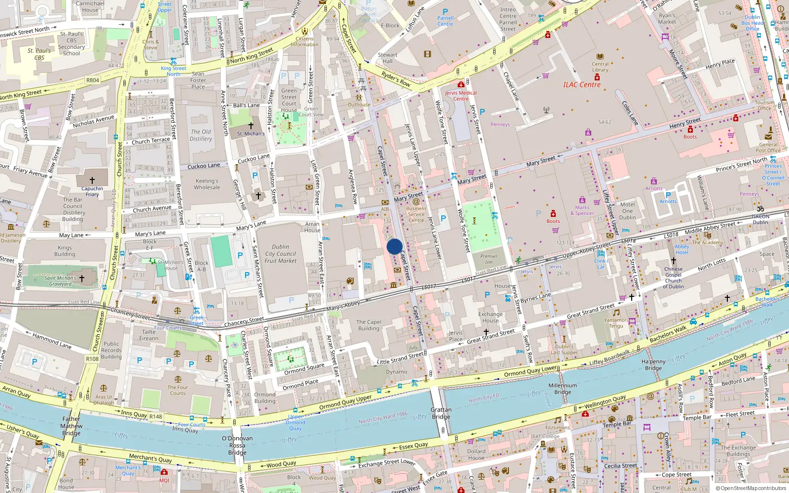 Overhead map showing the location of Apt 3, 138 Capel St, Dublin 1