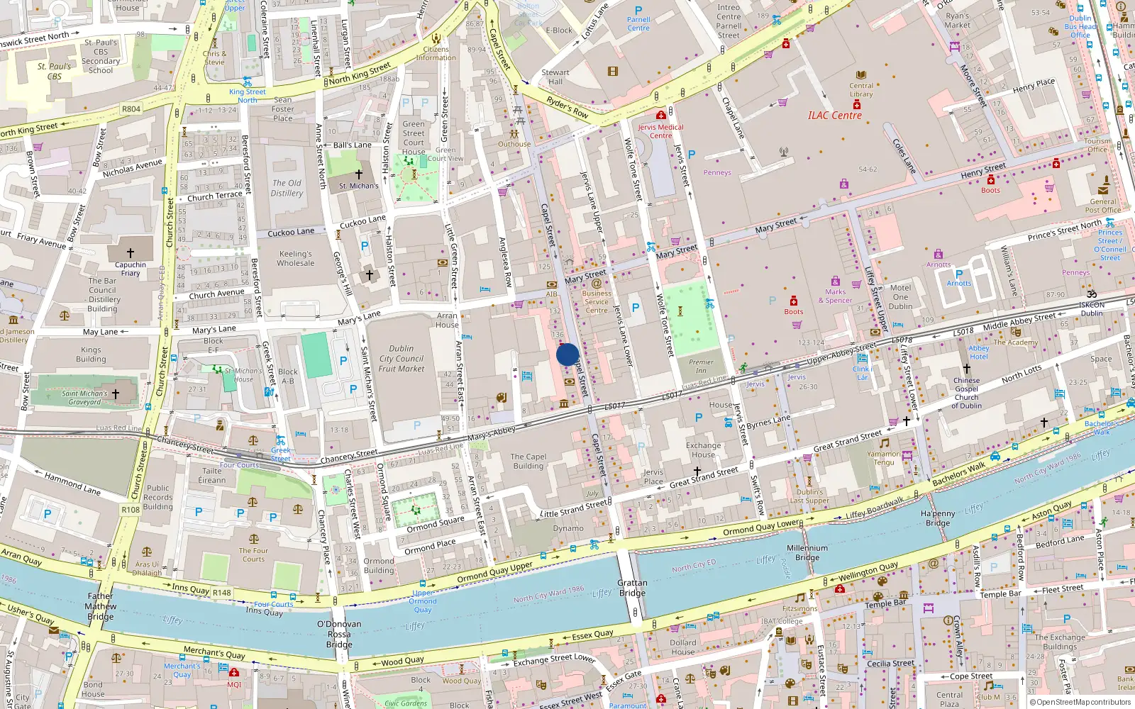 Overhead map showing the location of Apt 3, 139 Capel St, Dublin 1
