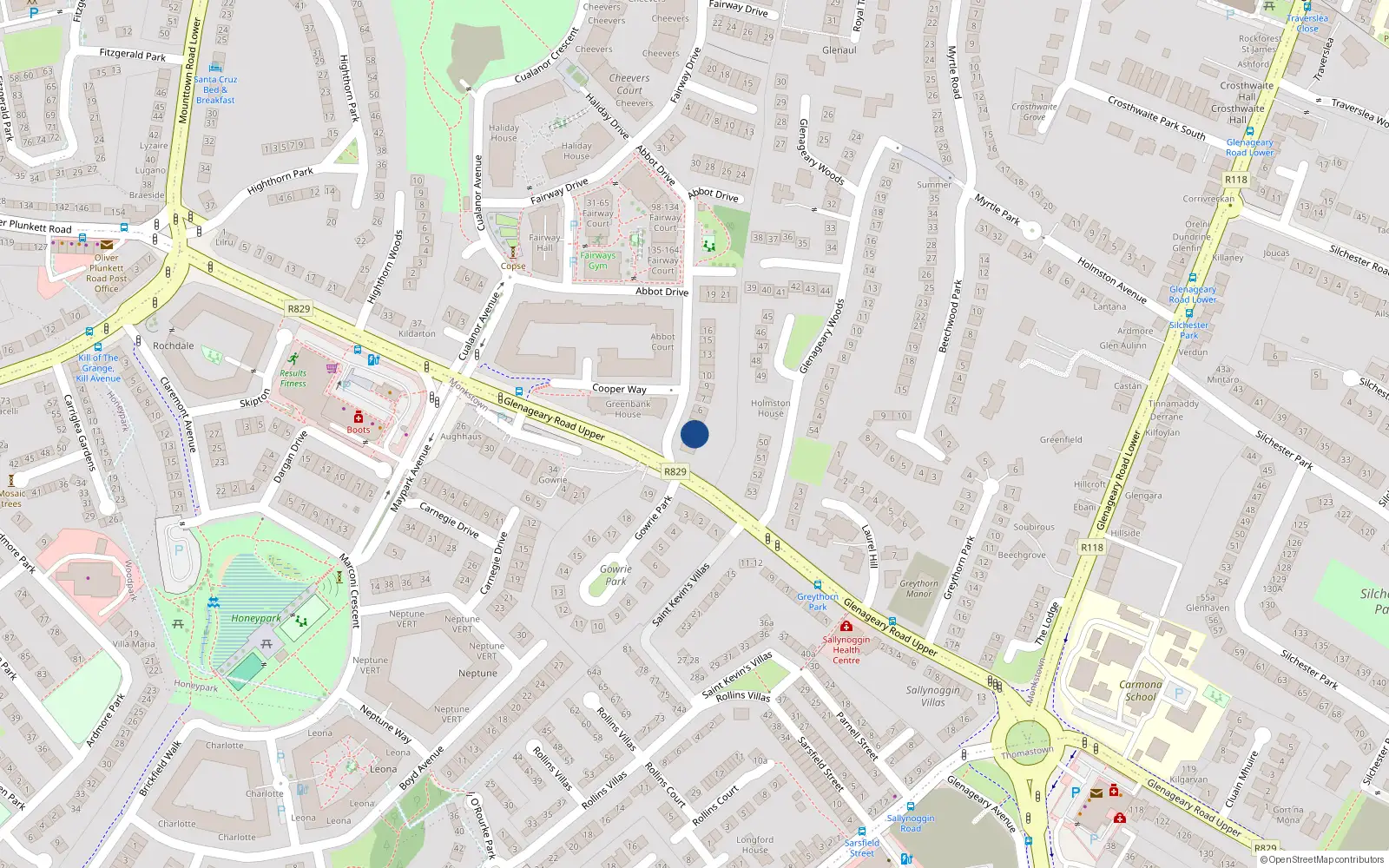 Overhead map showing the location of Apt 3 Abbot Court Cualanor, Upper Glenageary Road, 3 Abbot Drive, Cualanor