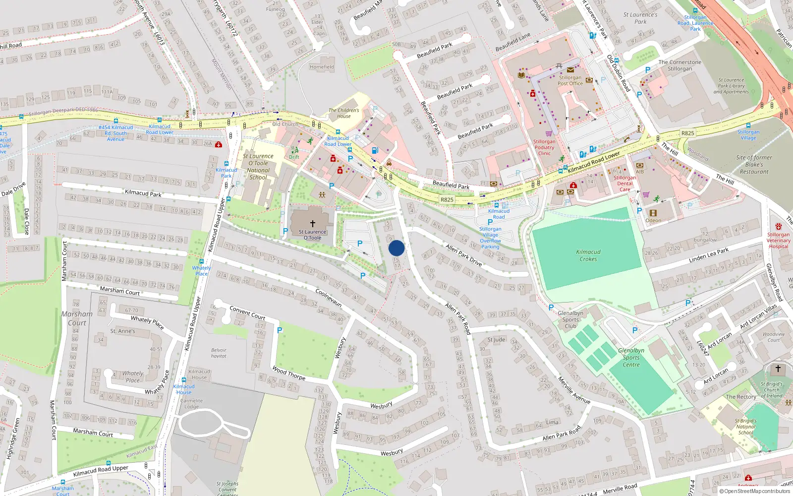 Overhead map showing the location of Apt 3 Allen Park Lane, Kilmacud Road, 3 Allen Park Road, Stillorgan