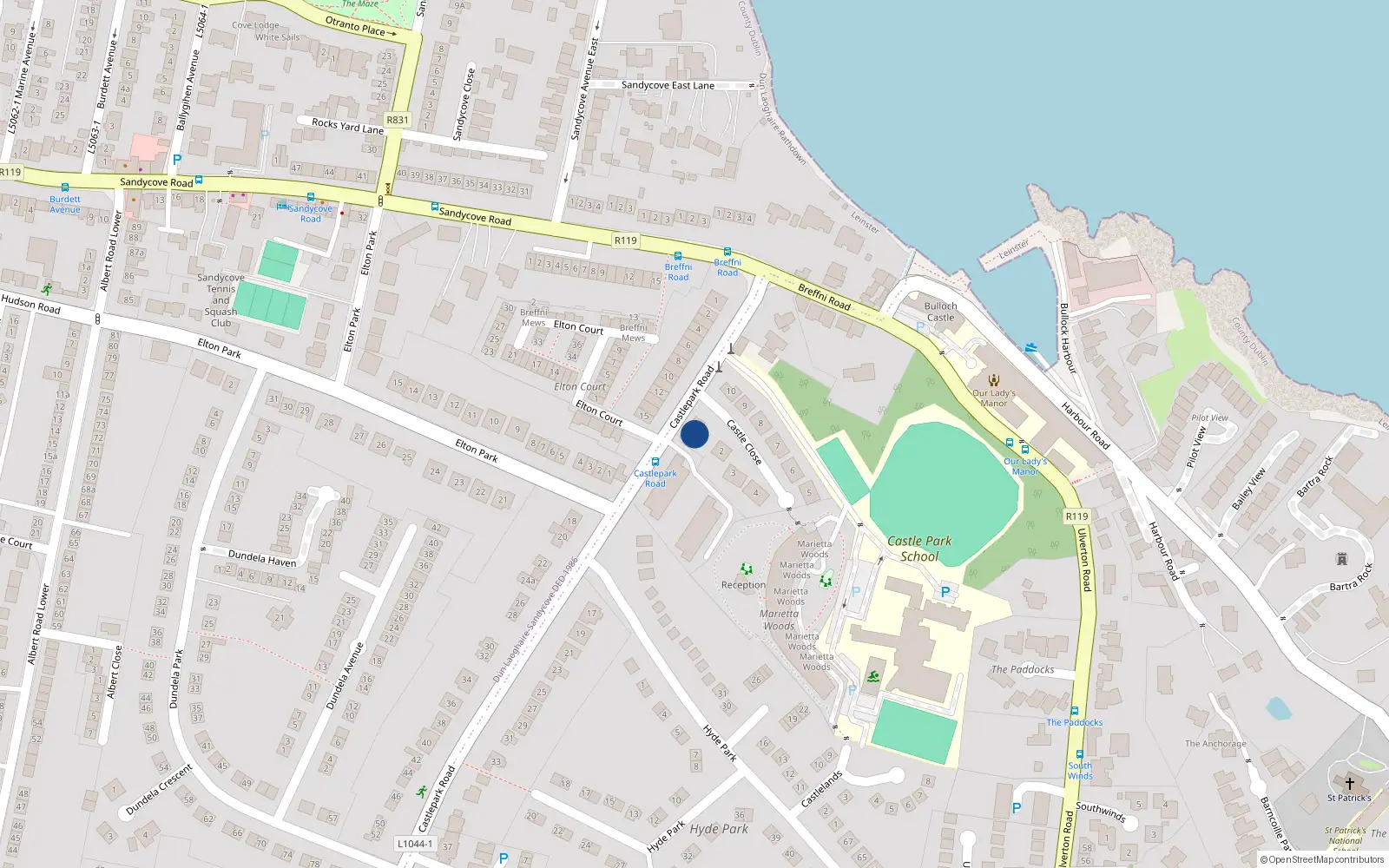 Overhead map showing the location of Apt 3 Castle Close, Castlepark Road, Sandycove