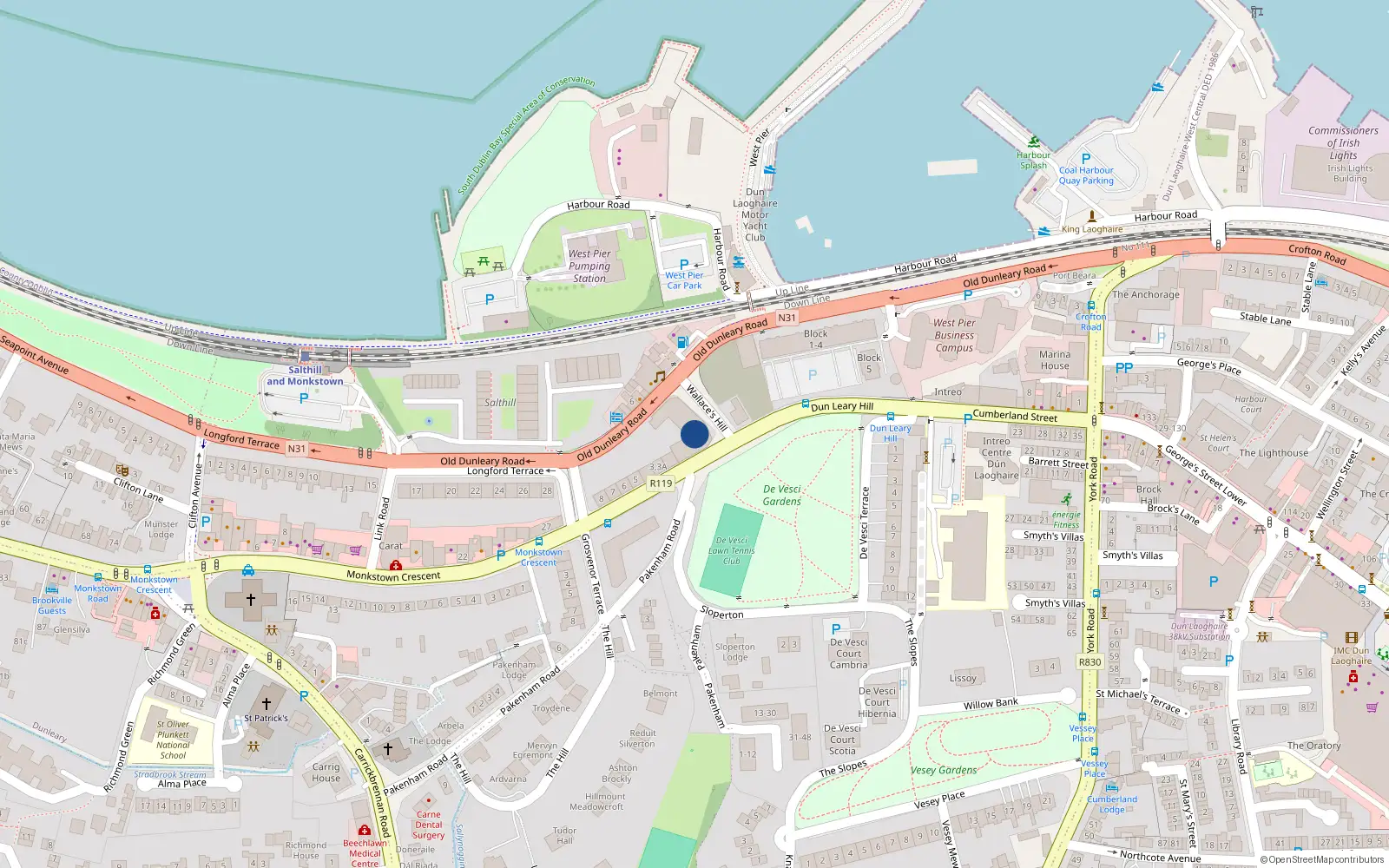 Overhead map showing the location of Apt 3 de Vesci House, Longford Place, Dun Laoghaire