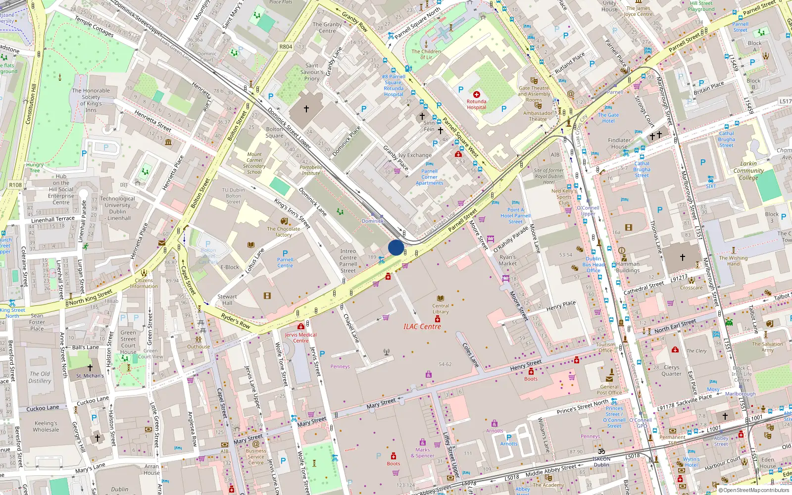 Overhead map showing the location of Apt 3 Stewart House, 185 Parnell Street, Dublin 1