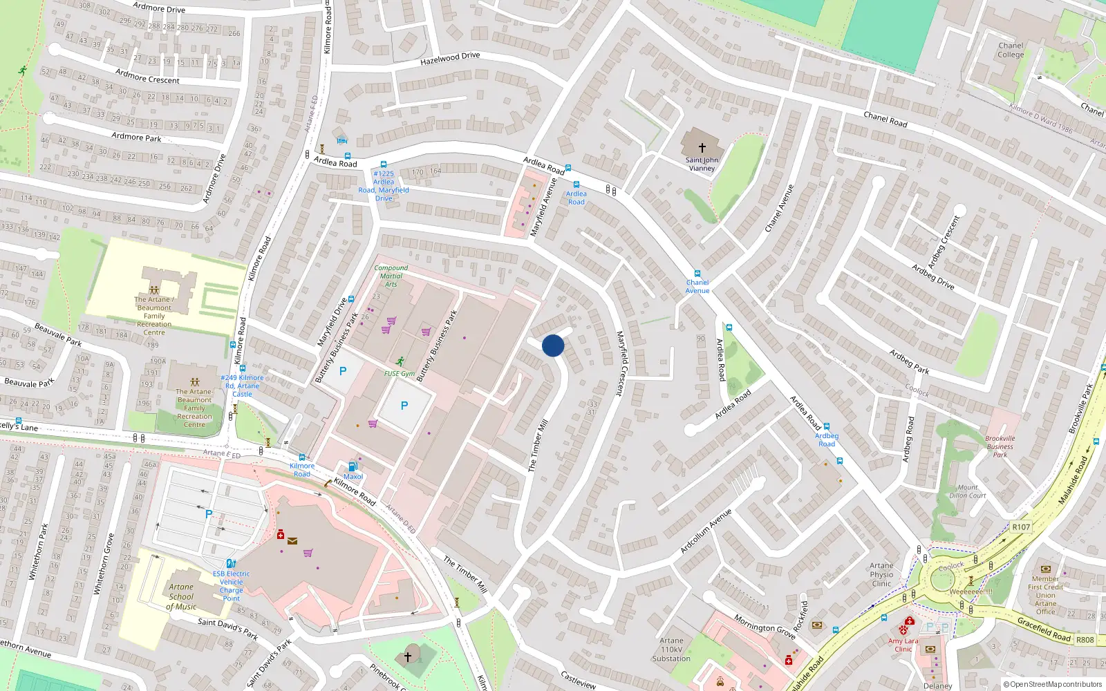 Overhead map showing the location of Apt 30, Timber Mills, Artane