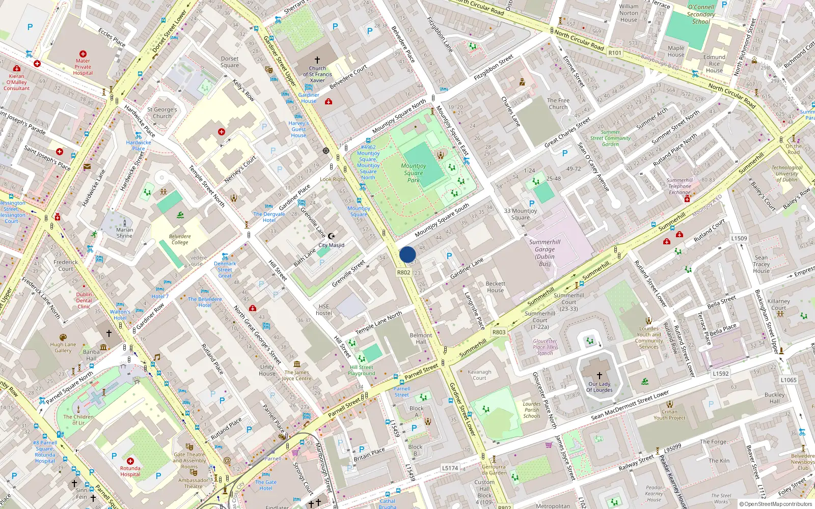 Overhead map showing the location of Apt 32, 52 Mountjoy Square South, Dublin 1
