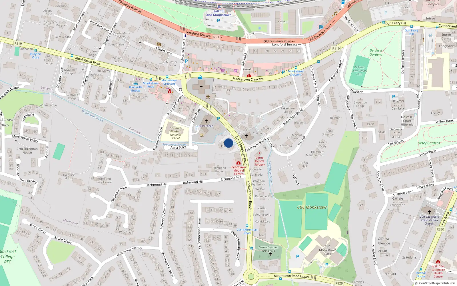 Overhead map showing the location of Apt 34 Carrig House, Carrigbrennan Road, Monkstown