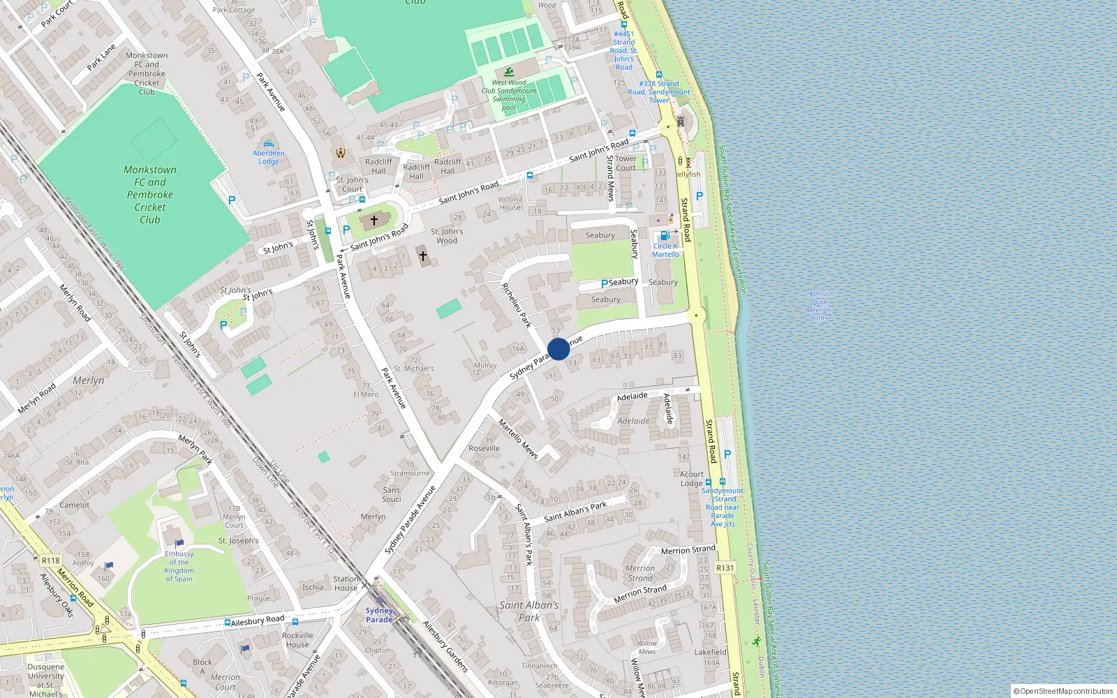 Overhead map showing the location of Apt 35 Seabury, Sydney Parade Avenue, Sandymount
